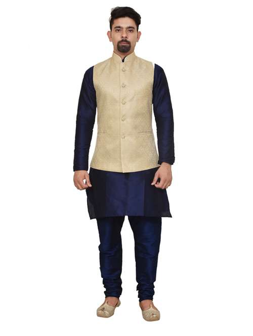 nevy blue silk blend kurta pyjama with jacket ethnic wear set - 19187992 -  Standard Image - 0