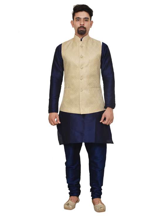 nevy blue silk blend kurta pyjama with jacket ethnic wear set