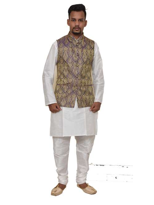 white silk blend kurta pyjama with jacket ethnic wear set - 19187993 -  Standard Image - 0