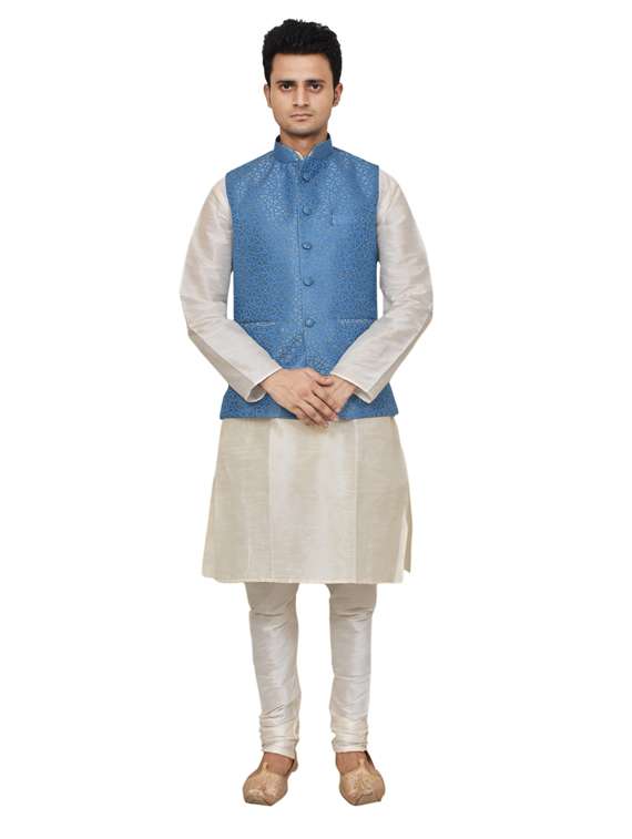 cream silk blend kurta pyjama with jacket ethnic wear set