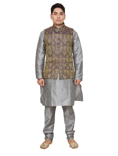 silver silk blend kurta pyjama with jacket ethnic wear set - 19187996 - Standard Image - 0