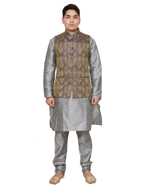 silver silk blend kurta pyjama with jacket ethnic wear set - 19187996 - Zoom Image - 0
