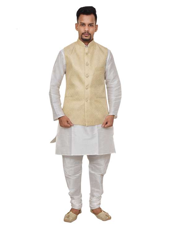 white silk blend kurta pyjama with jacket ethnic wear set