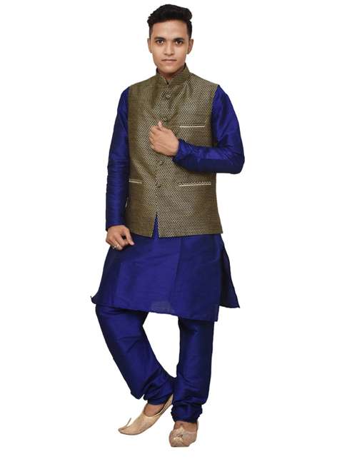 royal blue silk blend kurta pyjama with jacket ethnic wear set - 19187999 - Standard Image - 0