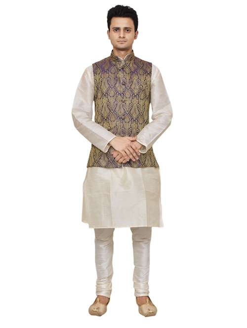 cream silk blend kurta pyjama with jacket ethnic wear set - 19188000 -  Standard Image - 0