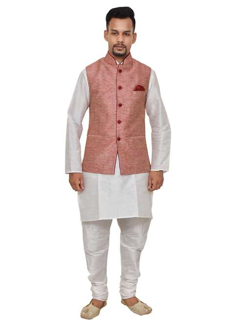 white silk blend kurta pyjama with jacket ethnic wear set - 19188003 -  Standard Image - 0