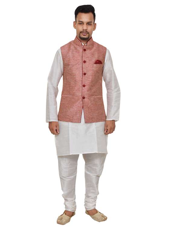 white silk blend kurta pyjama with jacket ethnic wear set