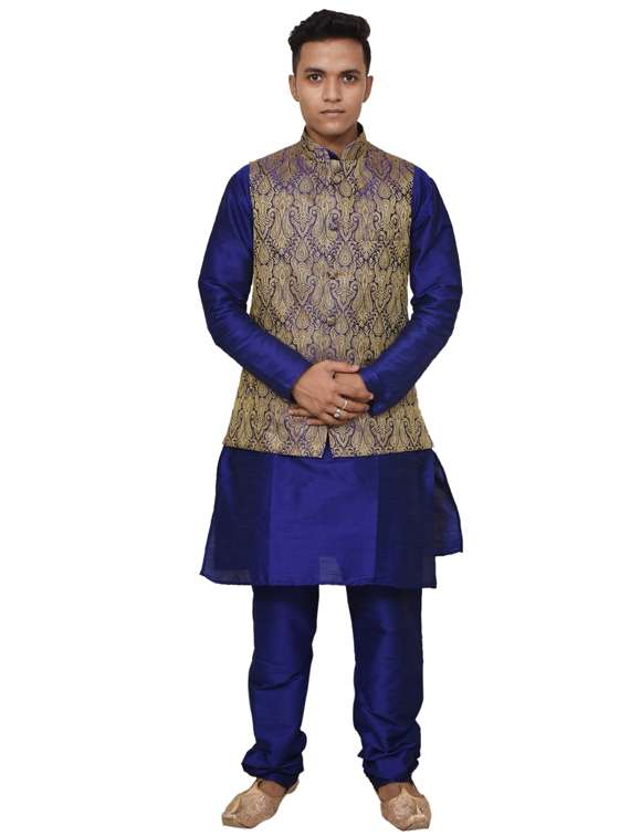 royal blue silk blend kurta pyjama with jacket ethnic wear set
