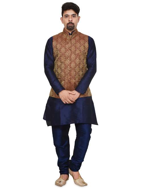 navy blue silk blend kurta pyjama with jacket ethnic wear set - 19188008 -  Standard Image - 0