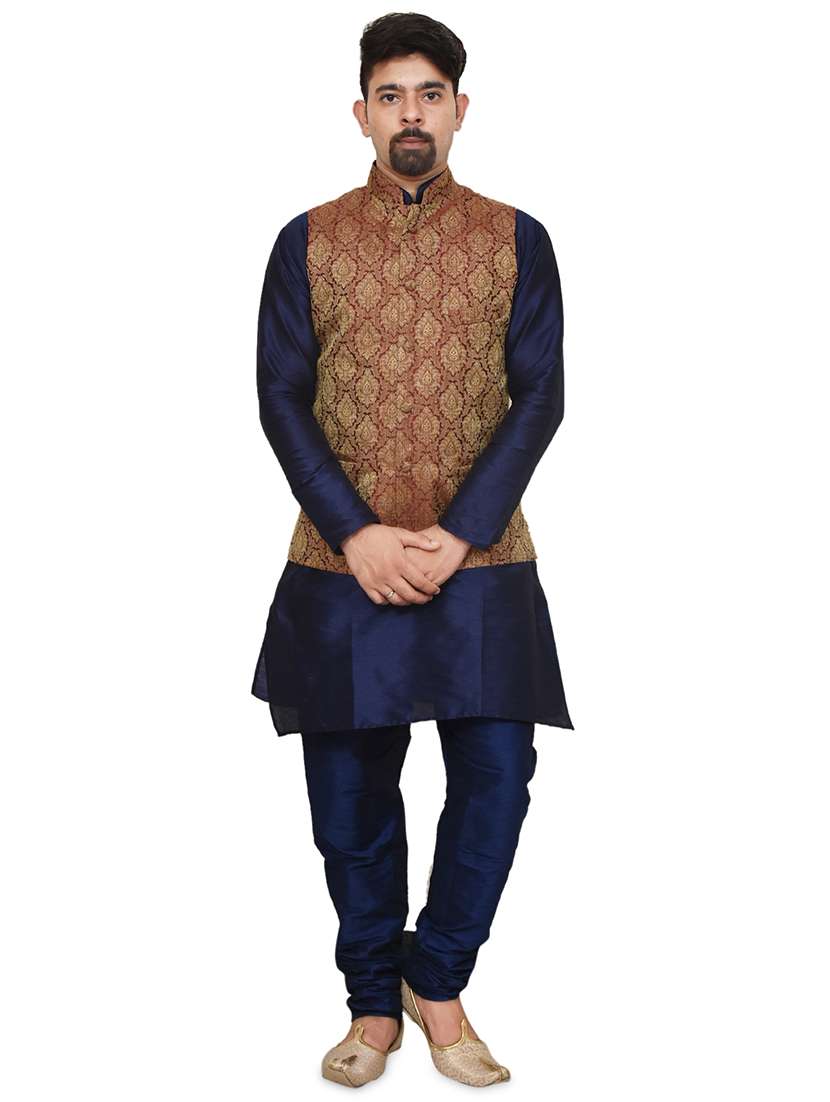 navy blue silk blend kurta pyjama with jacket ethnic wear set