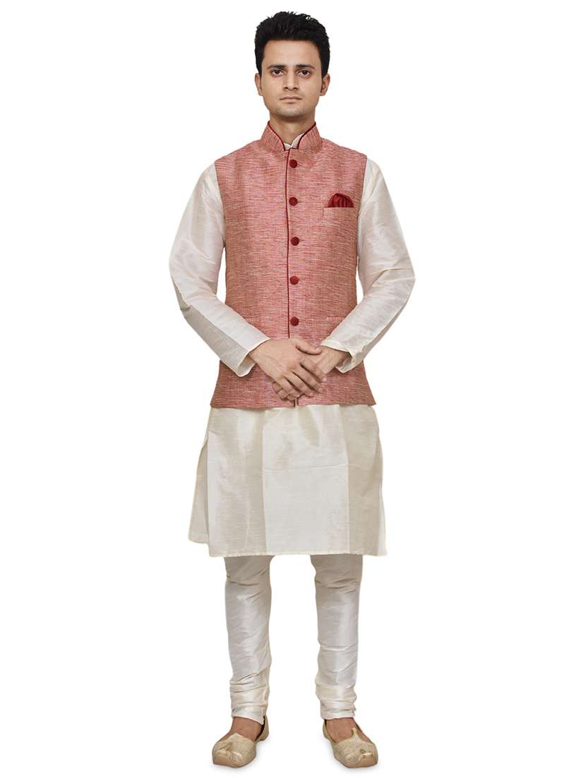 cream silk blend kurta pyjama with jacket ethnic wear set