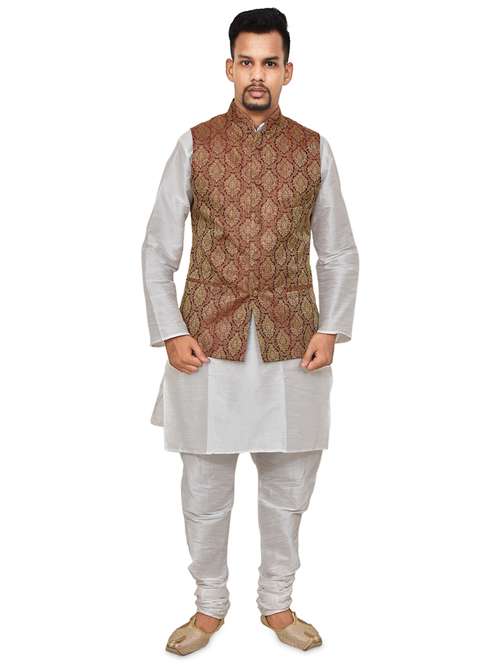 white silk blend kurta pyjama with jacket ethnic wear set - 19188012 -  Standard Image - 0