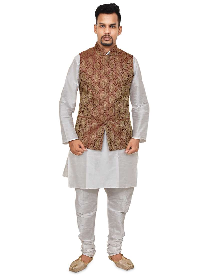 white silk blend kurta pyjama with jacket ethnic wear set
