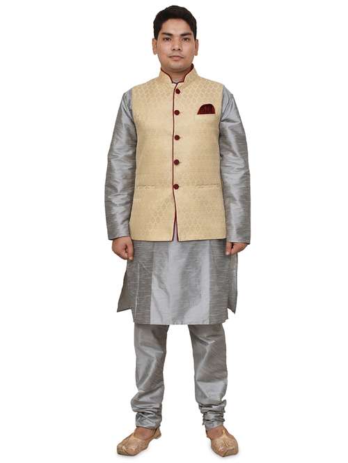 silver silk blend kurta pyjama with jacket ethnic wear set - 19188013 - Standard Image - 0