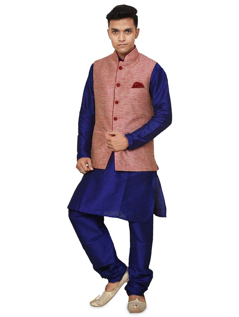 royal blue silk blend kurta pyjama with jacket ethnic wear set
