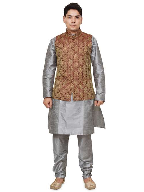 silver silk blend kurta pyjama with jacket ethnic wear set - 19188016 - Standard Image - 0