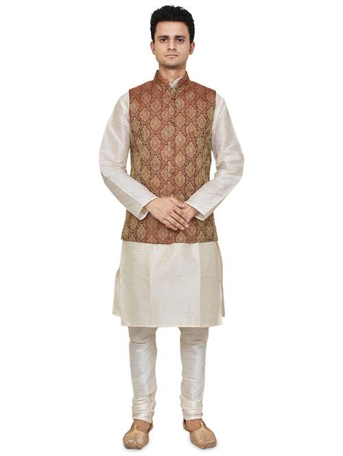 cream silk blend kurta pyjama with jacket ethnic wear set