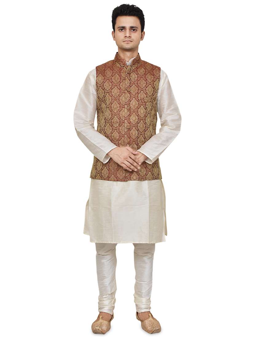 cream silk blend kurta pyjama with jacket ethnic wear set