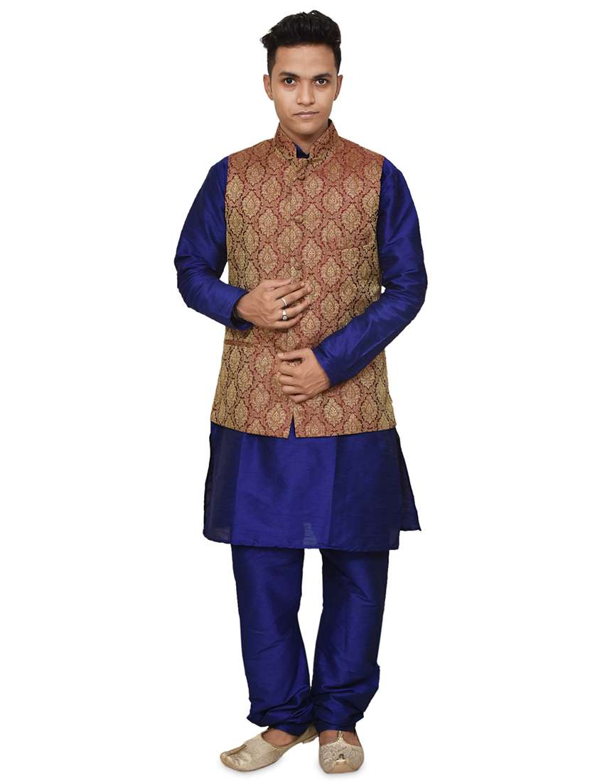 royal blue silk blend kurta pyjama with jacket ethnic wear set - 19188019 -  Zoom Image - 0