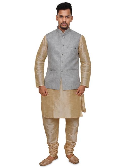gold silk blend kurta pyjama with jacket ethnic wear set - 19188020 -  Standard Image - 0