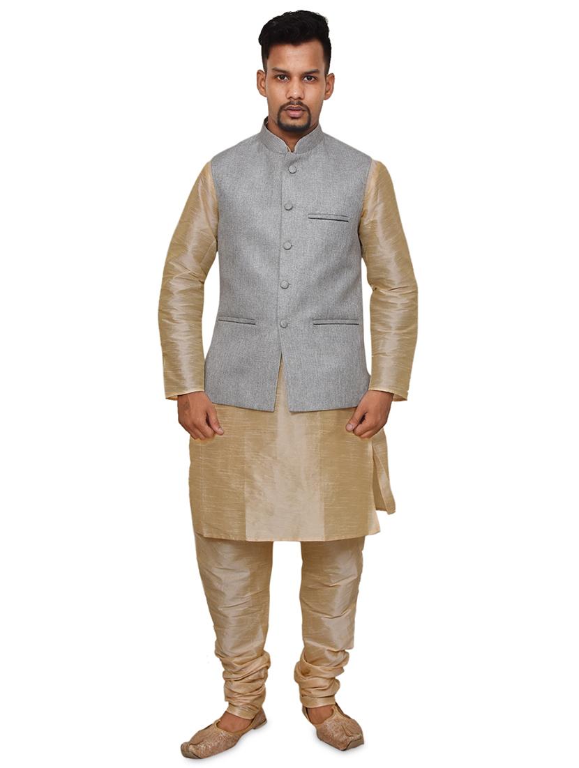 gold silk blend kurta pyjama with jacket ethnic wear set - 19188020 -  Zoom Image - 0