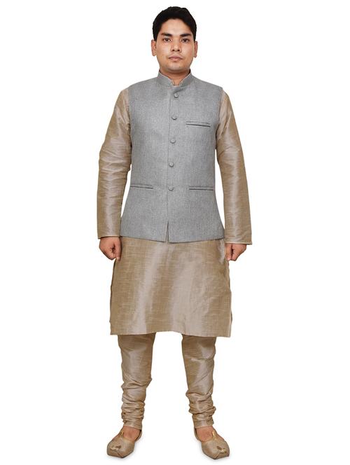 double tone silk blend kurta pyjama with jacket ethnic wear set - 19188022 -  Standard Image - 0