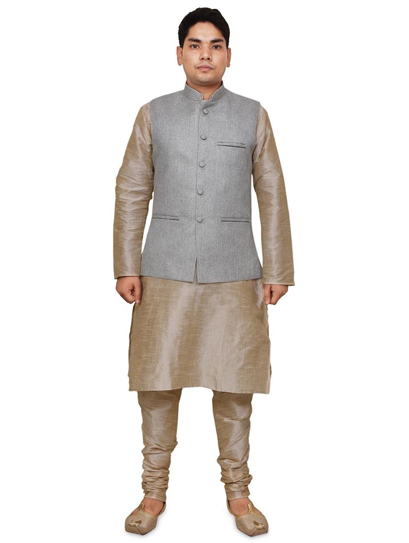 double tone silk blend kurta pyjama with jacket ethnic wear set - 19188022 -  Zoom Image - 0