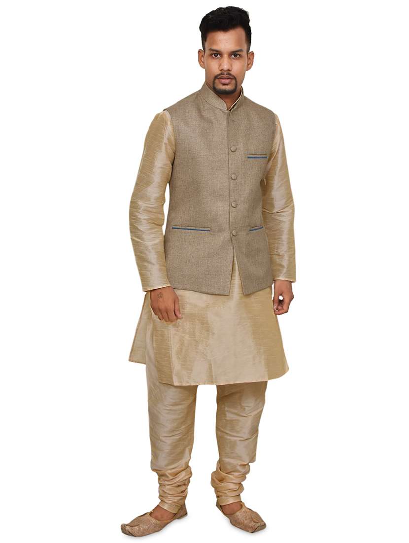 gold silk blend kurta pyjama with jacket ethnic wear set