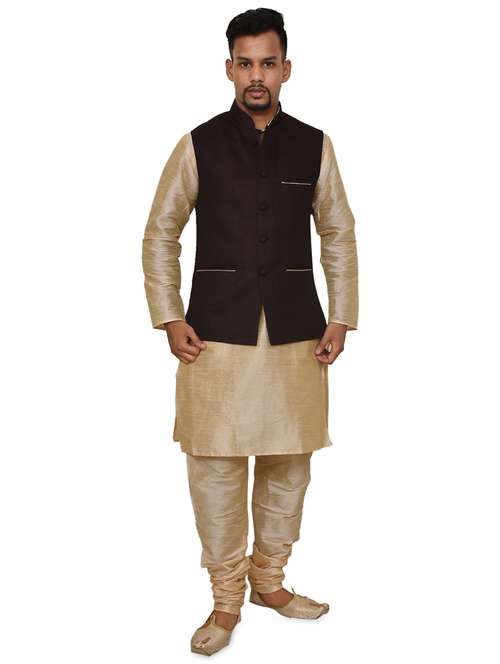 gold silk blend kurta pyjama with jacket ethnic wear set - 19188026 -  Standard Image - 0