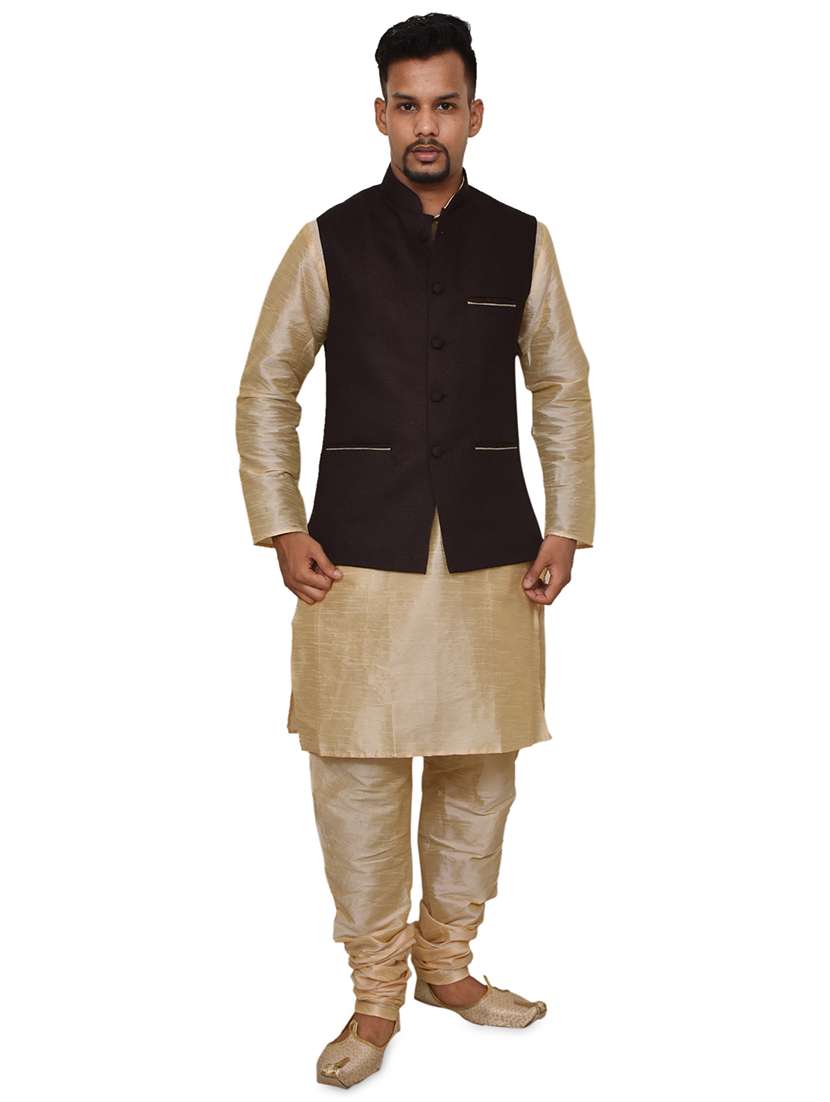 gold silk blend kurta pyjama with jacket ethnic wear set