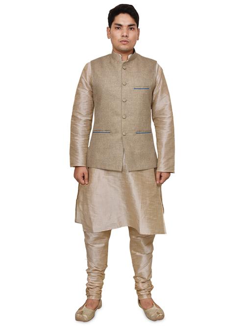double tone silk blend kurta pyjama with jacket ethnic wear set - 19188027 -  Standard Image - 0