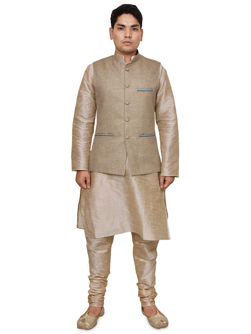 double tone silk blend kurta pyjama with jacket ethnic wear set - 19188027 -  Zoom Image - 0