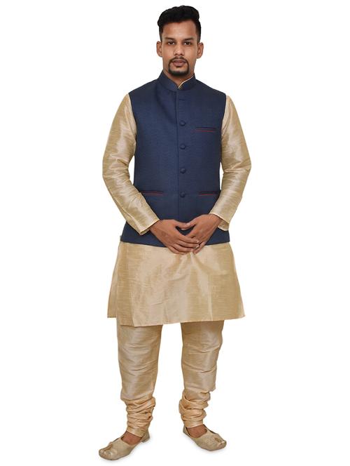 gold silk blend kurta pyjama with jacket ethnic wear set - 19188030 -  Standard Image - 0