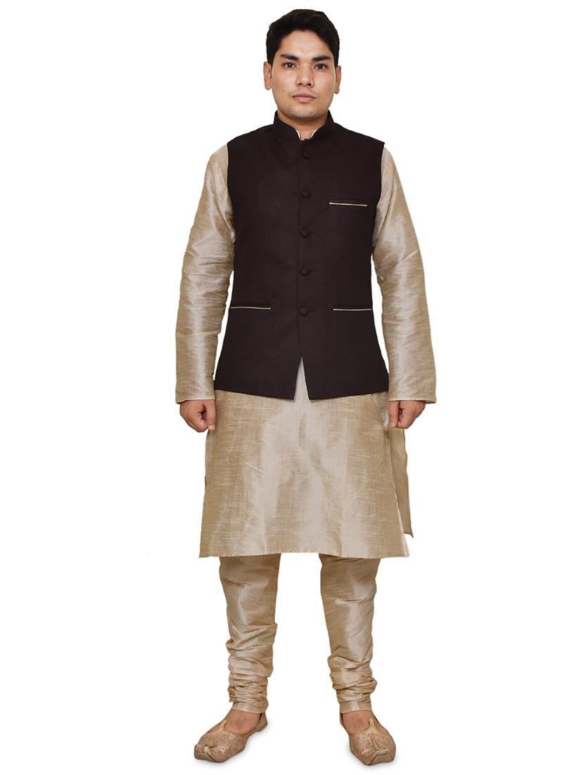 double tone silk blend kurta pyjama with jacket ethnic wear set - 19188031 - Zoom Image - 0