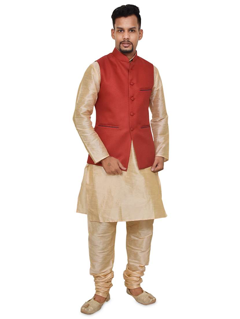 gold silk blend kurta pyjama with jacket ethnic wear set