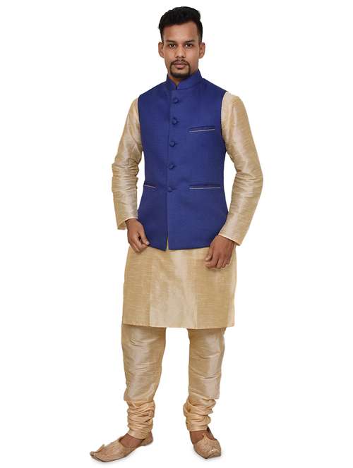gold silk blend kurta pyjama with jacket ethnic wear set - 19188038 -  Standard Image - 0