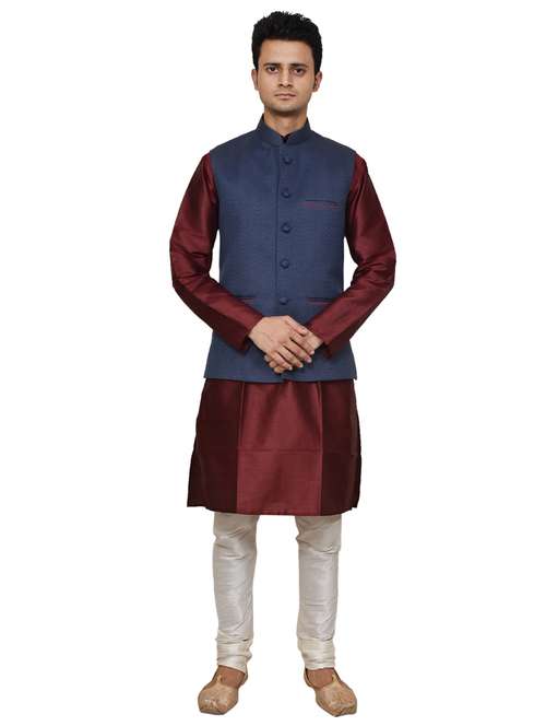 silk blend kurta pyjama with jacket - 19188041 - Standard Image - 0