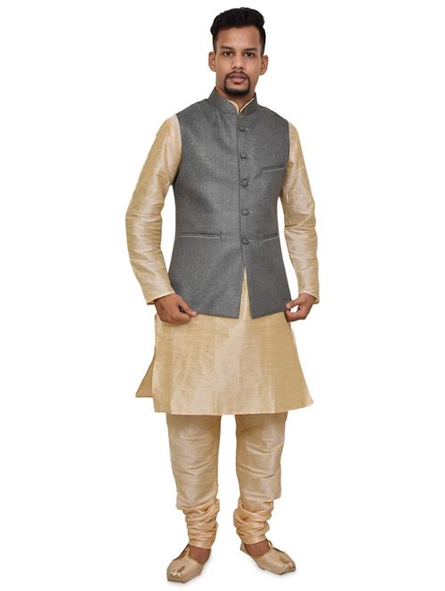 gold silk blend kurta pyjama with jacket ethnic wear set - 19188042 -  Standard Image - 0