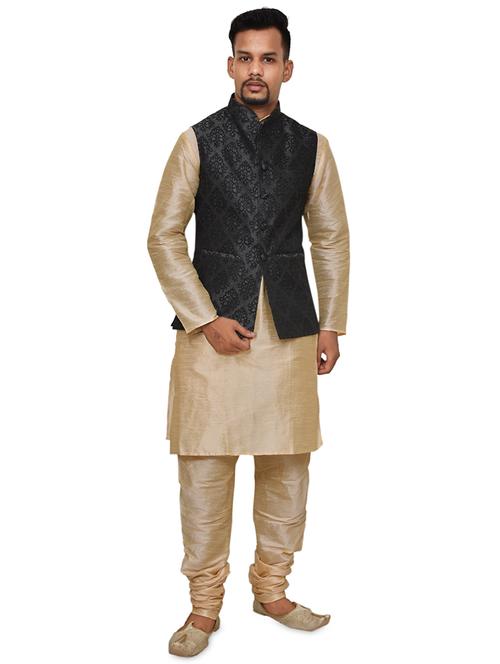 gold silk blend kurta pyjama with jacket ethnic wear set - 19188050 -  Standard Image - 0