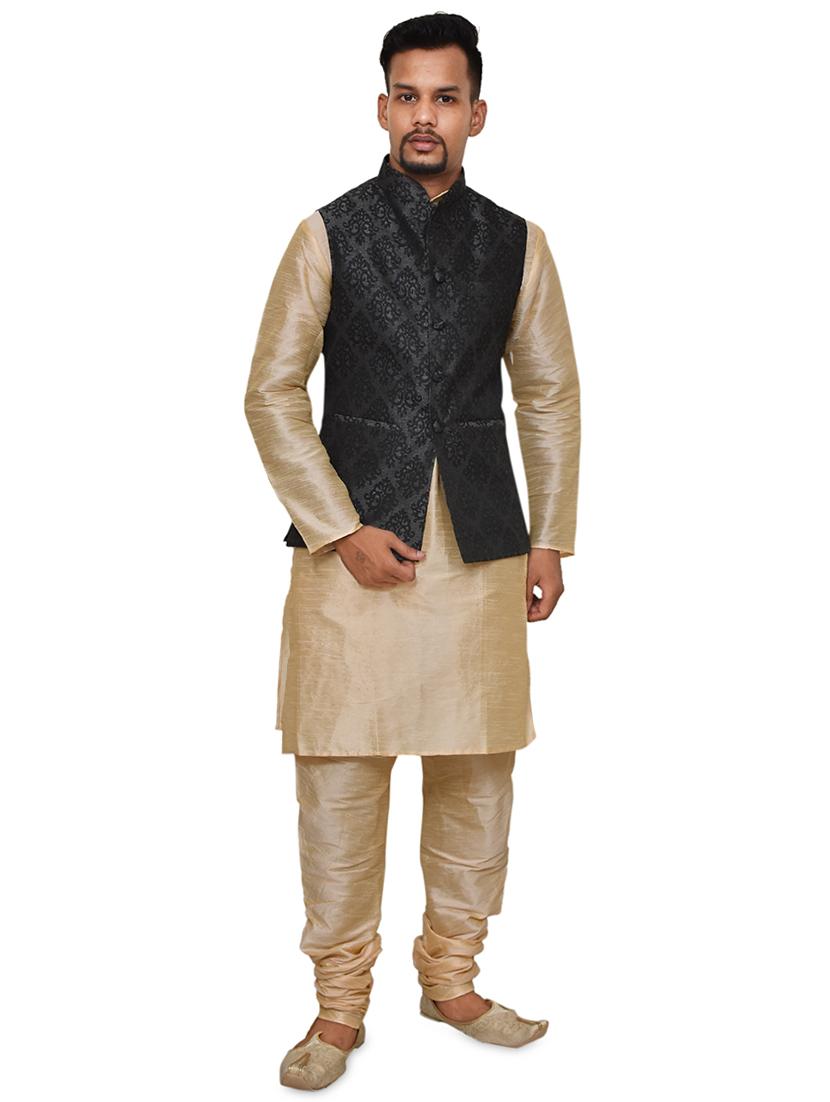 gold silk blend kurta pyjama with jacket ethnic wear set - 19188050 -  Zoom Image - 0