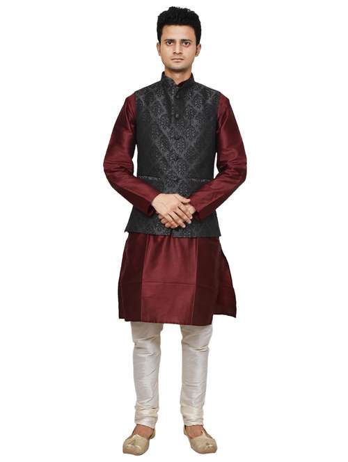maroon silk blend kurta pyjama with jacket - 19188057 - Standard Image - 0