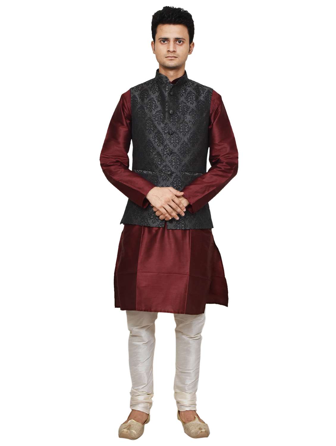 maroon silk blend kurta pyjama with jacket - 19188057 - Zoom Image - 0