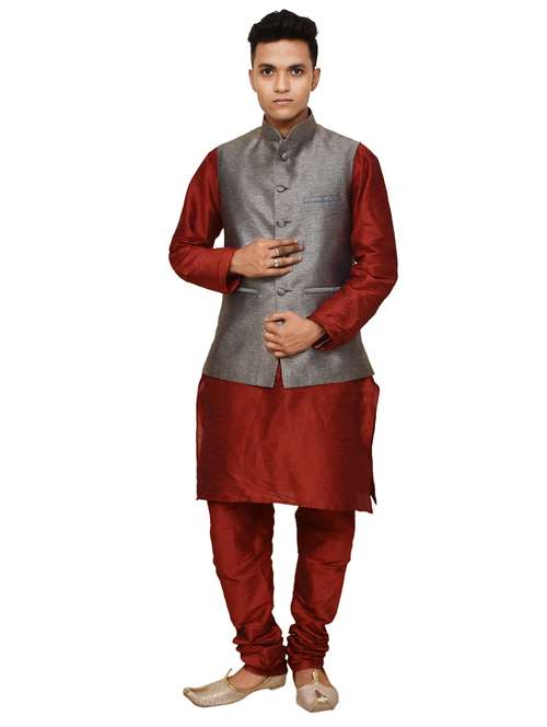 silk blend kurta pyjama with jacket  - 19188063 -  Standard Image - 0