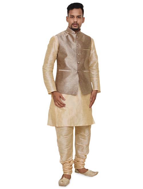 gold silk blend kurta pyjama with jacket ethnic wear set - 19188066 -  Standard Image - 0