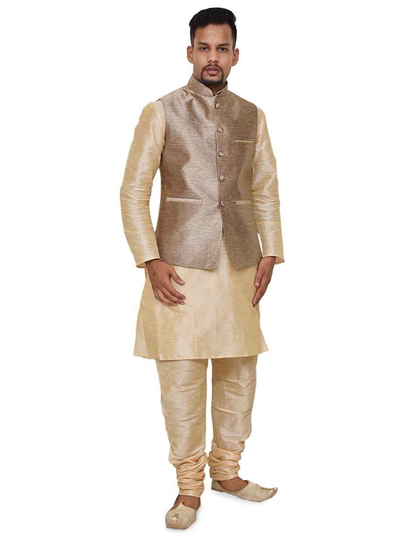 gold silk blend kurta pyjama with jacket ethnic wear set - 19188066 -  Zoom Image - 0
