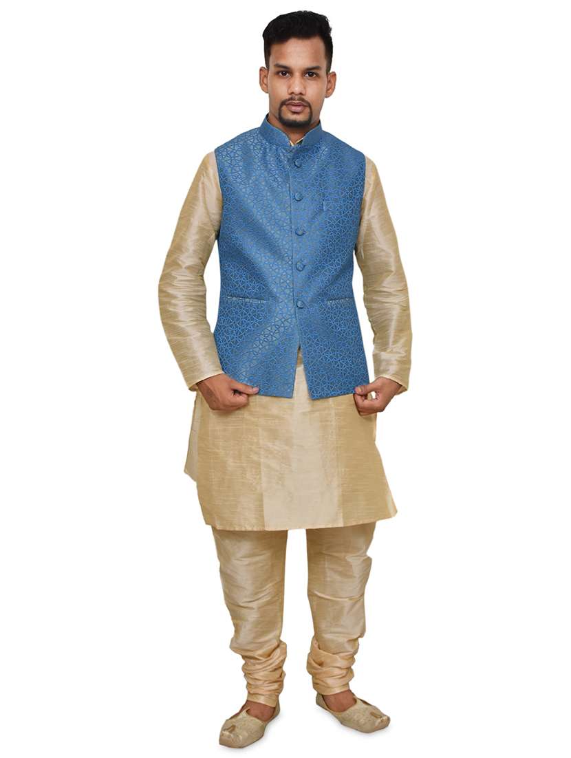 gold silk blend kurta pyjama with jacket ethnic wear set