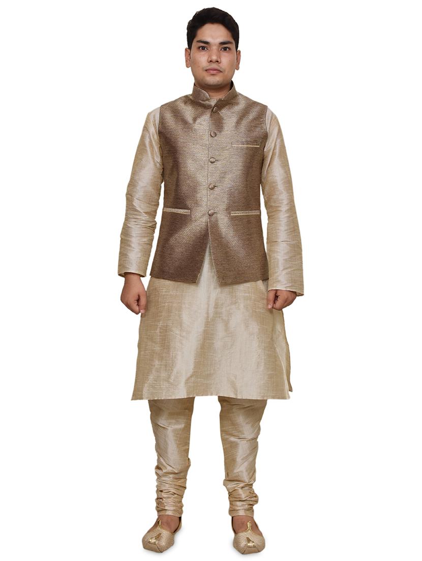 double tone silk blend kurta pyjama with jacket ethnic wear set - 19188070 - Zoom Image - 0