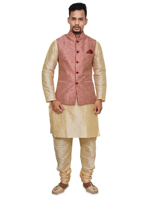 gold silk blend kurta pyjama with jacket ethnic wear set - 19188072 -  Standard Image - 0