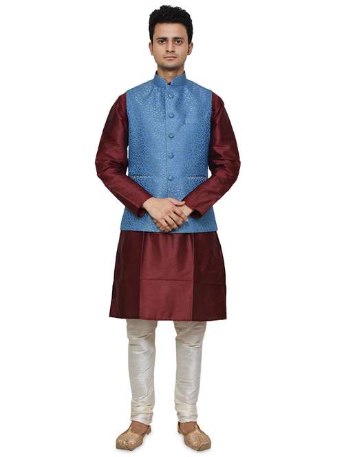 maroon silk blend kurta pyjama with jacket ethnic wear set - 19188075 -  Standard Image - 0