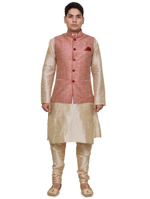 double tone silk blend kurta pyjama with jacket ethnic wear set - 19188076 - Standard Image - 0